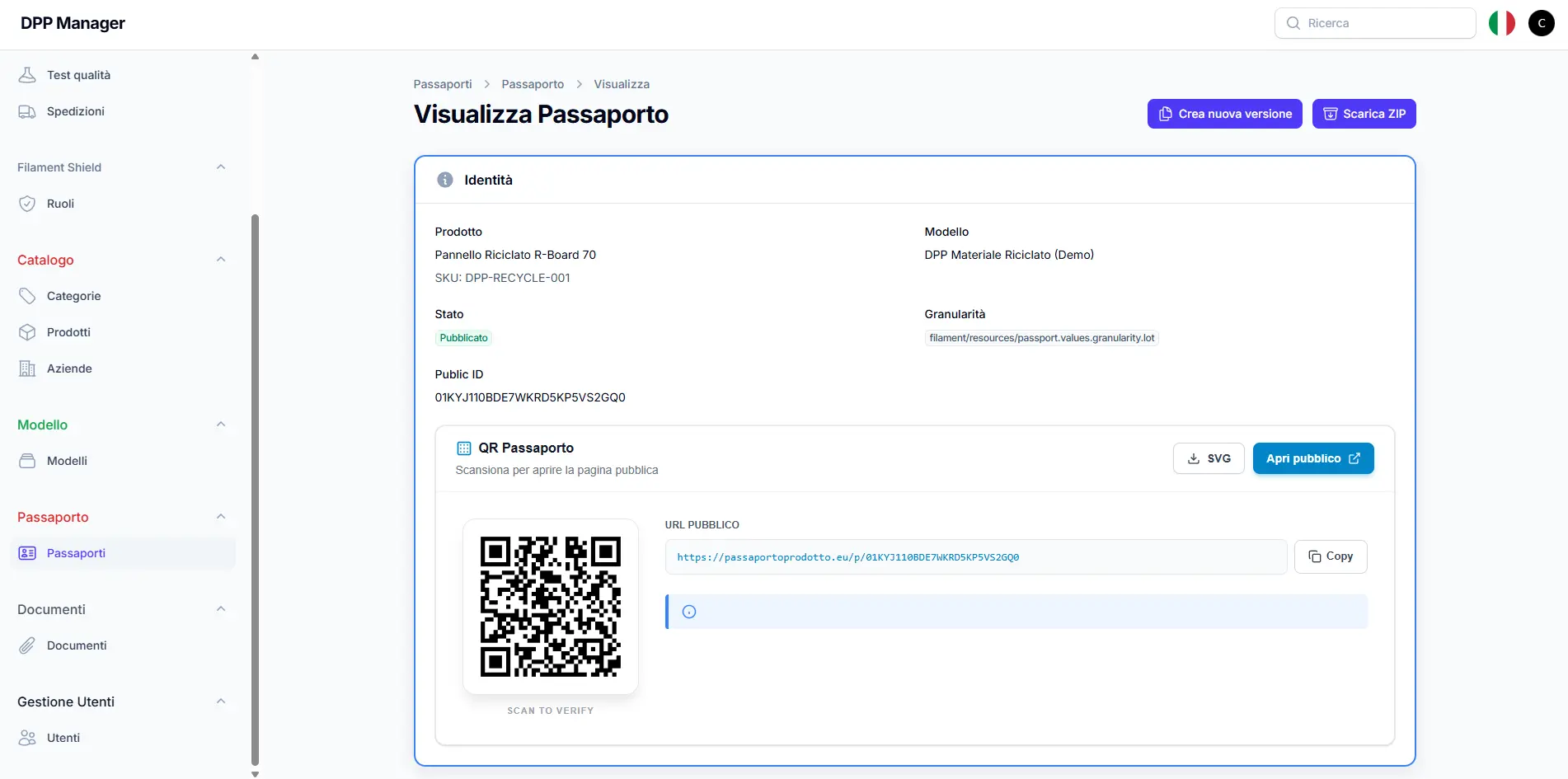 Dettaglio reale di un Passaporto Digitale di Prodotto con QR code e URL pubblico